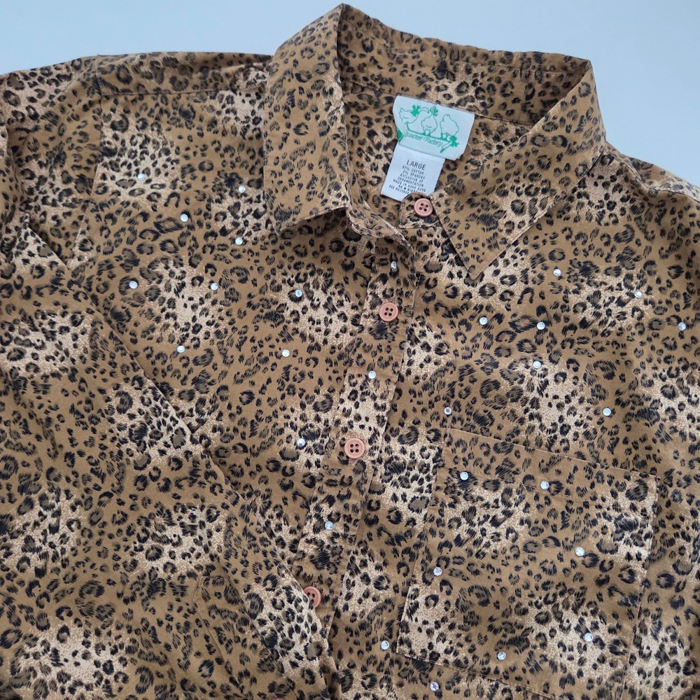 Quacker Factory Button Down Brown Leopard Rhinestone Animal Print Womens‎ Large